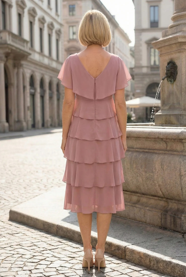 Chiffon A-Line V Neck Tiered Mother of the Bride Dresses