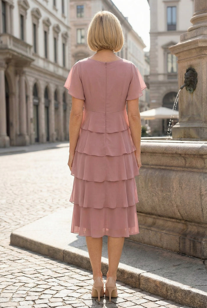 Chiffon A-Line V Neck Tiered Mother of the Bride Dresses