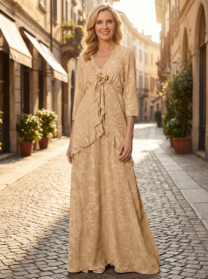 A-Line Chiffon Jacquard V Neck Mother of the Bride Dresses with Half Sleeves