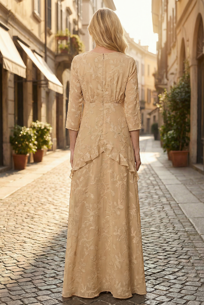 A-Line Chiffon Jacquard V Neck Mother of the Bride Dresses with Half Sleeves