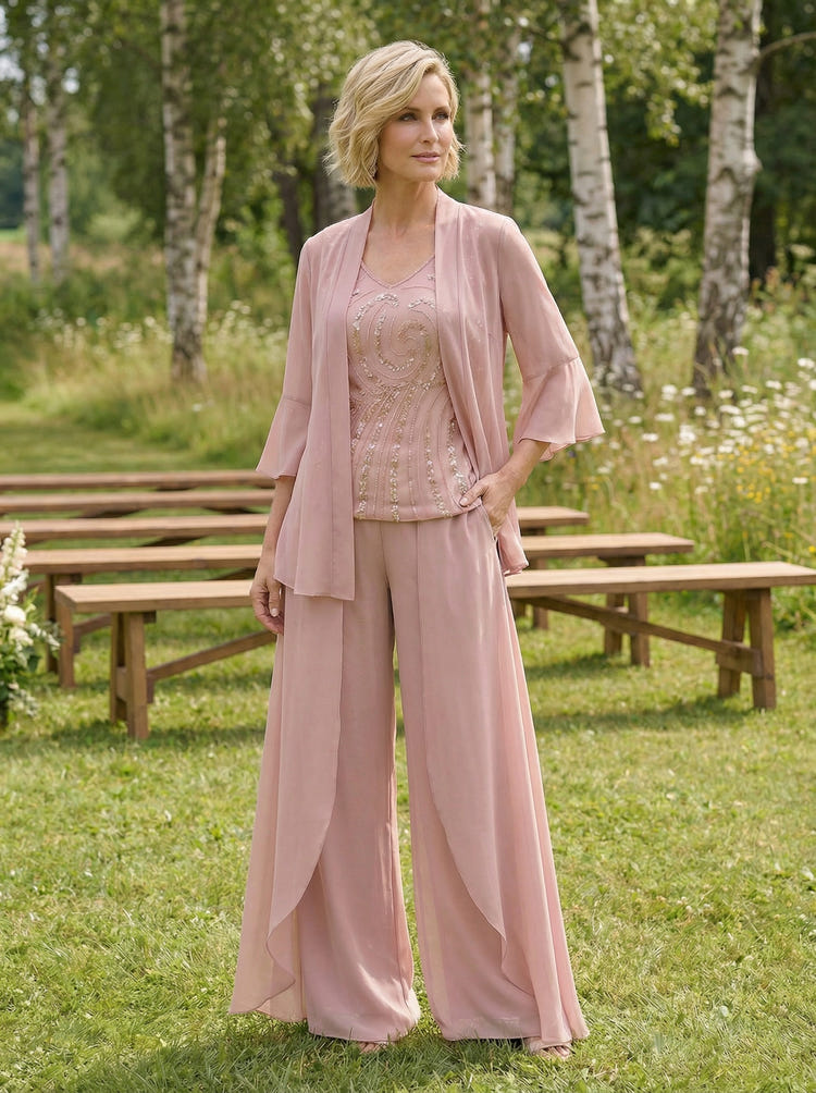 Chiffon V Neck Sequin 3 Pieces Mother of the Bride Pantsuits