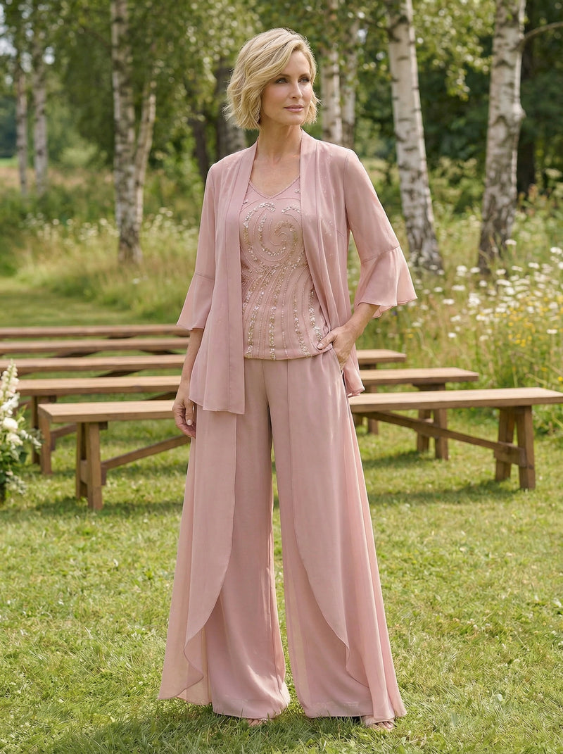 Chiffon V Neck Sequin 3 Pieces Mother of the Bride Pantsuits
