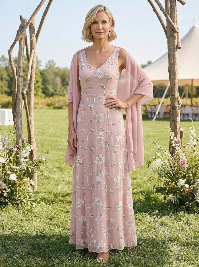 A-Line V Neck Floral 2 Piece Mother of the Bride Dresses