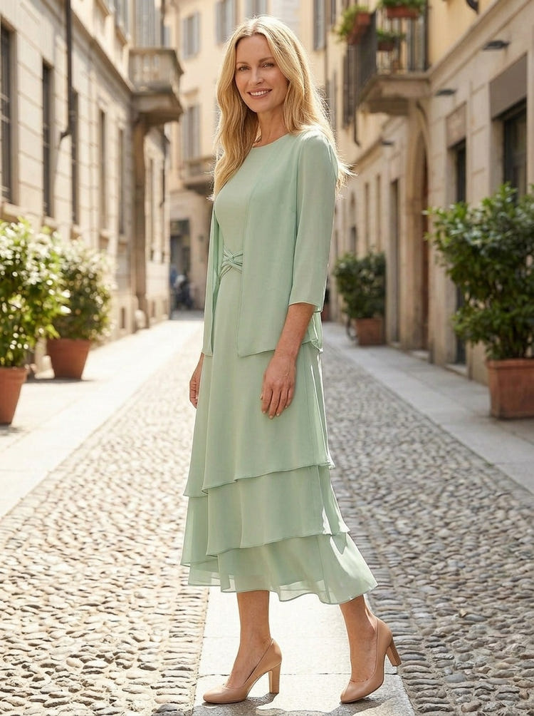 Chiffon Crew Neck 2 Pieces Mother of the Bride Dresses with Jacket