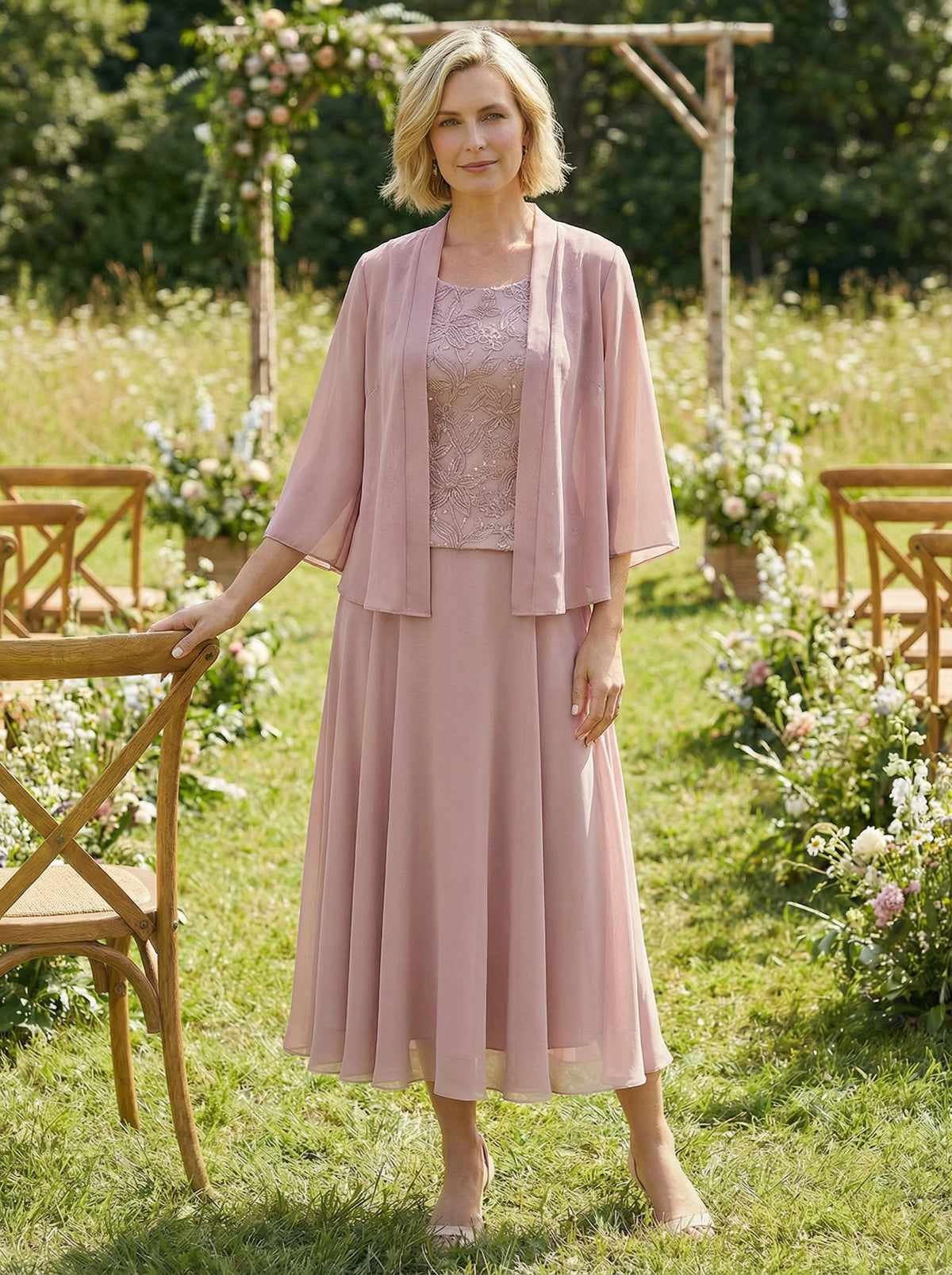 Chiffon Crew Neck Pleated 3 Pieces Mother of the Bride Dresses with Jacket