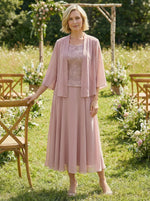 Chiffon Crew Neck Pleated 3 Pieces Mother of the Bride Dresses with Jacket