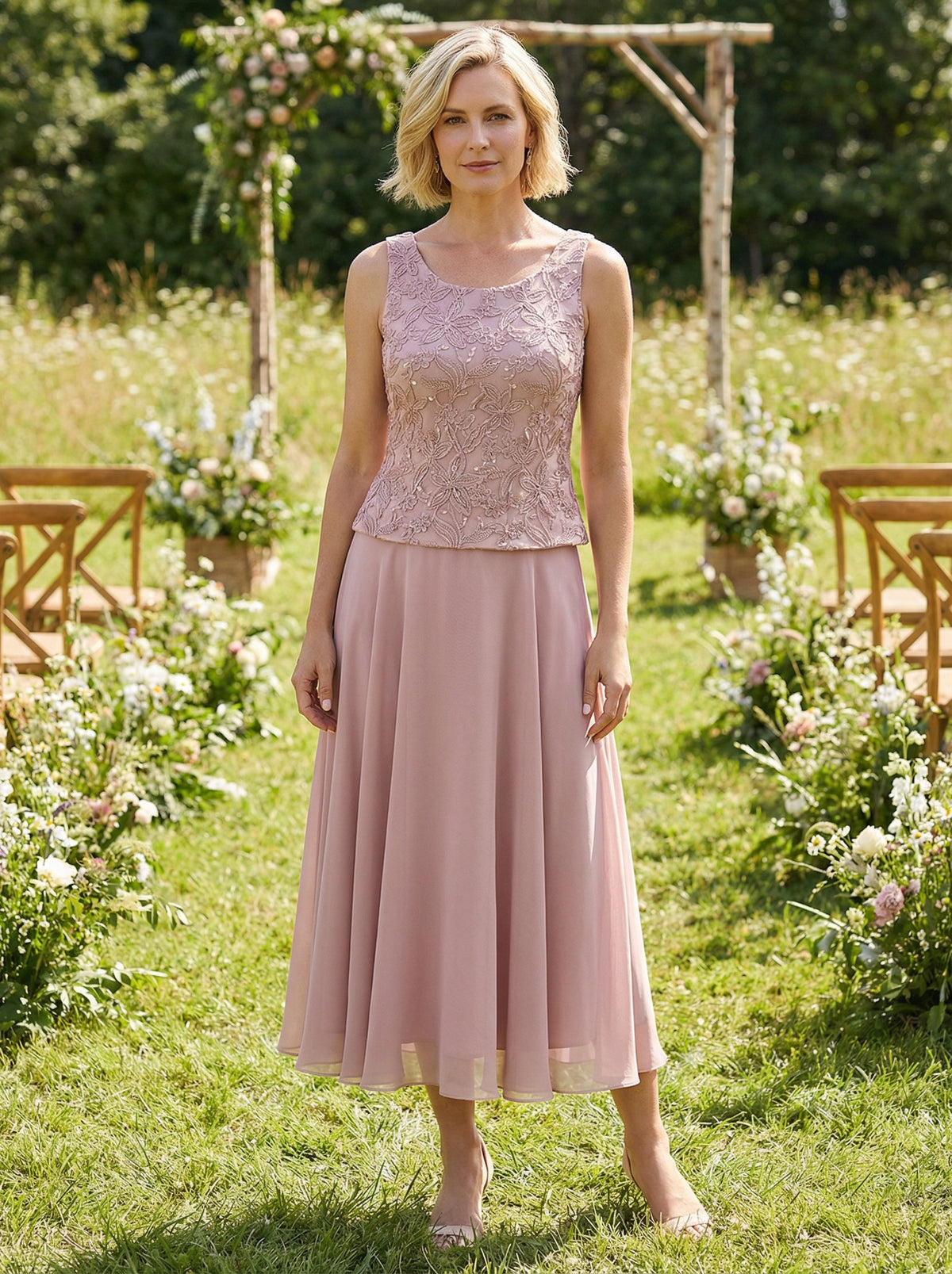 Chiffon Crew Neck Pleated 3 Pieces Mother of the Bride Dresses with Jacket