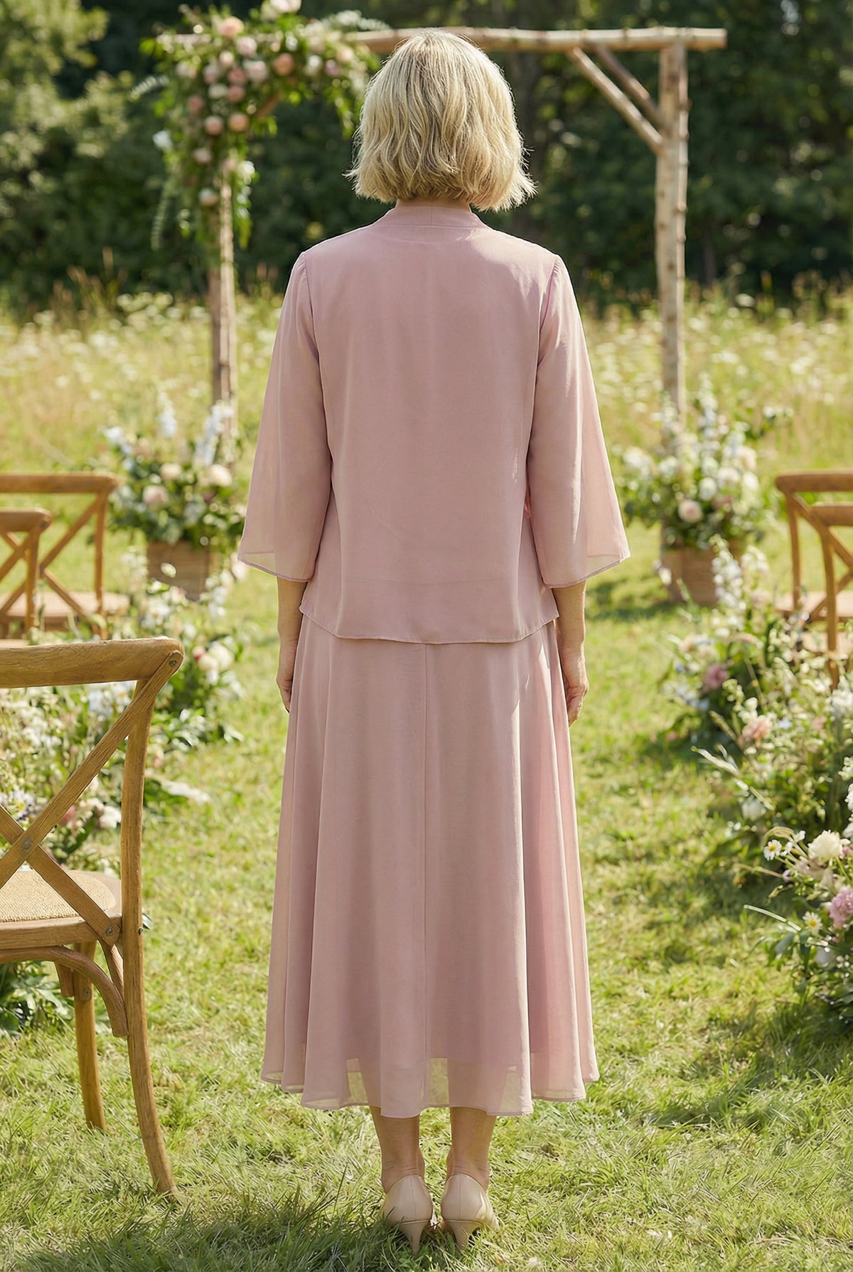 Chiffon Crew Neck Pleated 3 Pieces Mother of the Bride Dresses with Jacket