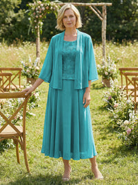 Chiffon Crew Neck Pleated 3 Pieces Mother of the Bride Dresses with Jacket