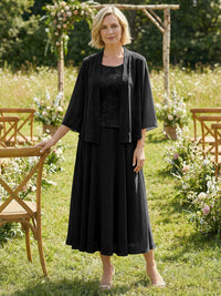Chiffon Crew Neck Pleated 3 Pieces Mother of the Bride Dresses with Jacket