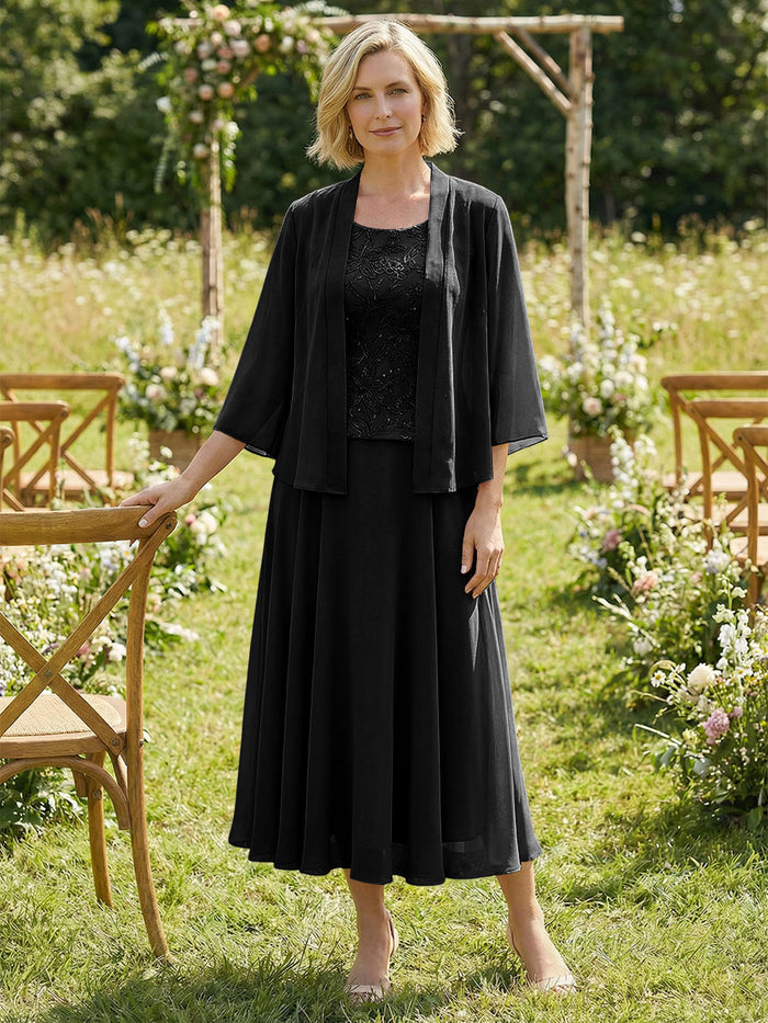 Chiffon Crew Neck Pleated 3 Pieces Mother of the Bride Dresses with Jacket