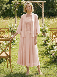 Chiffon Crew Neck Pleated 3 Pieces Mother of the Bride Dresses with Jacket