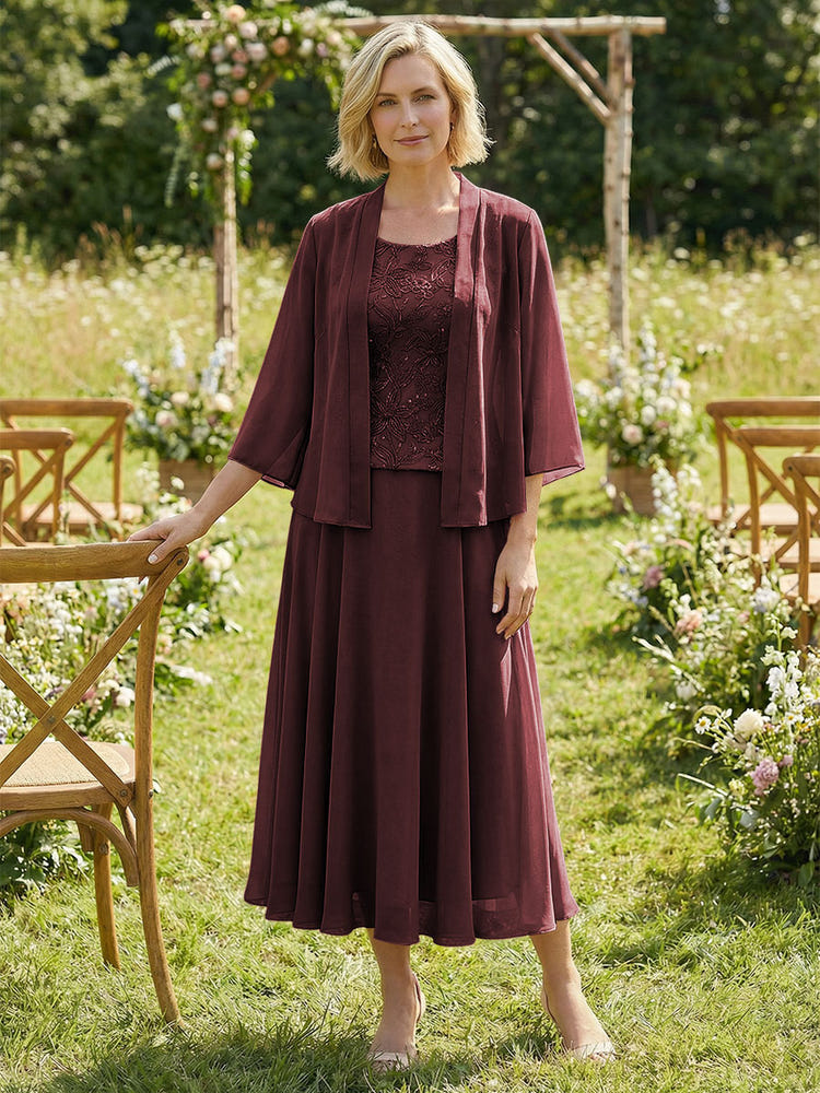 Chiffon Crew Neck Pleated 3 Pieces Mother of the Bride Dresses with Jacket