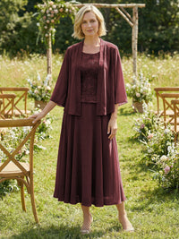 Chiffon Crew Neck Pleated 3 Pieces Mother of the Bride Dresses with Jacket