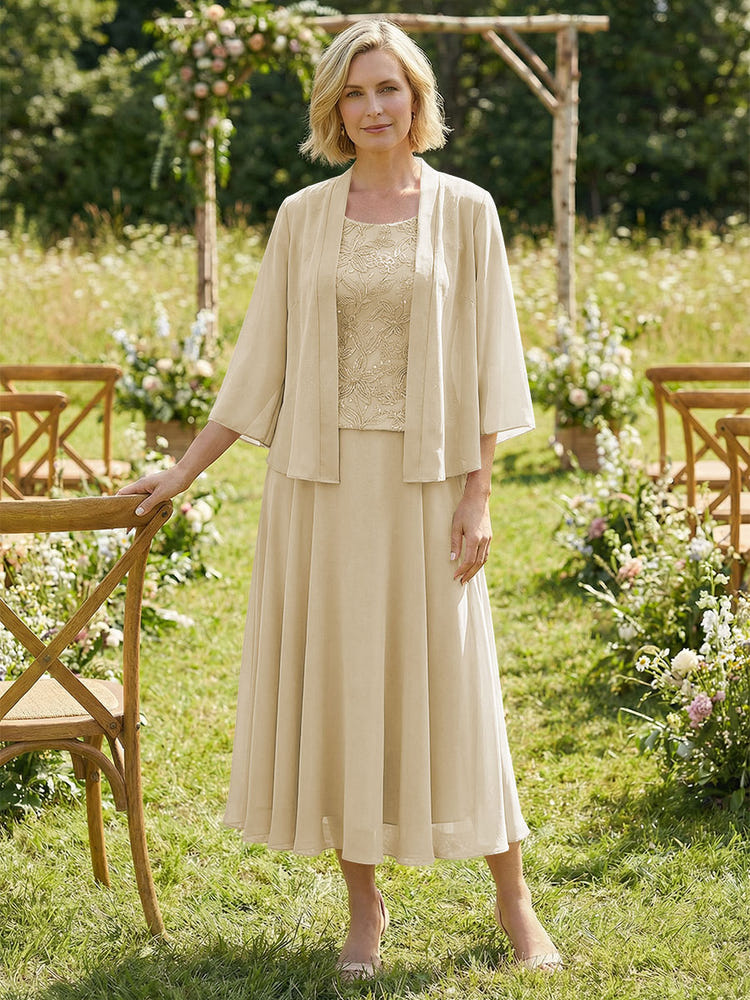 Chiffon Crew Neck Pleated 3 Pieces Mother of the Bride Dresses with Jacket
