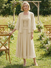 Chiffon Crew Neck Pleated 3 Pieces Mother of the Bride Dresses with Jacket