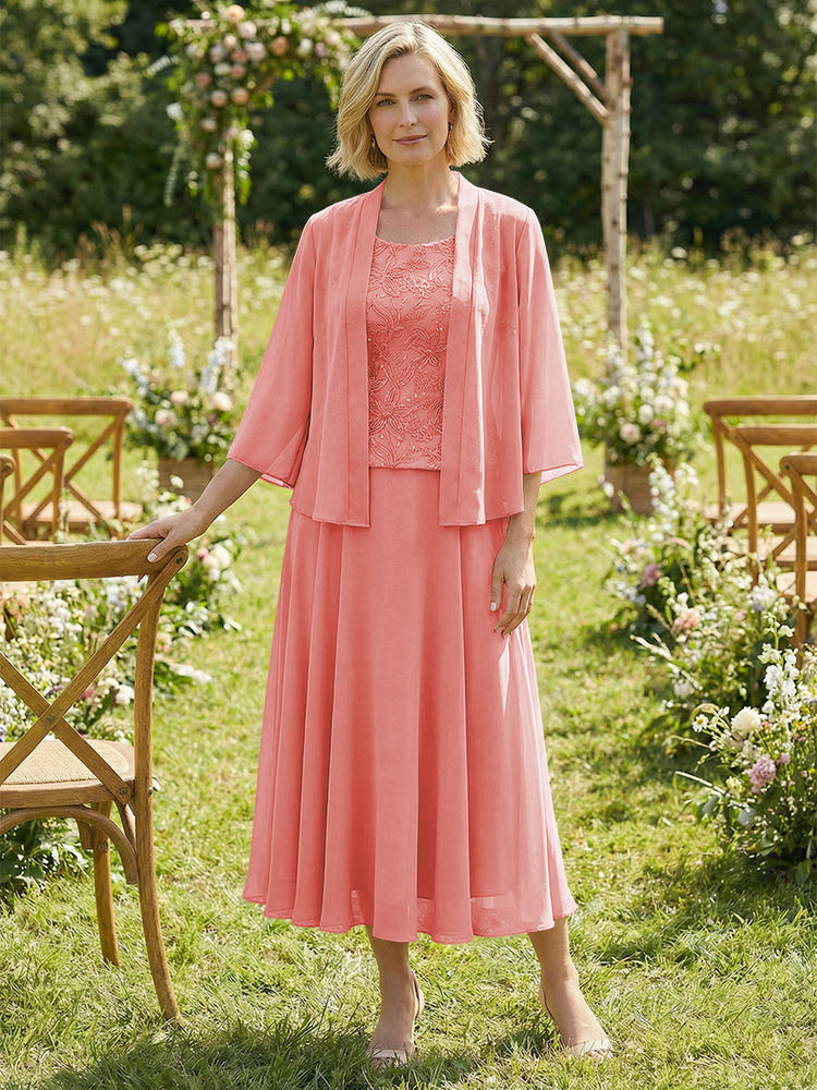 Chiffon Crew Neck Pleated 3 Pieces Mother of the Bride Dresses with Jacket