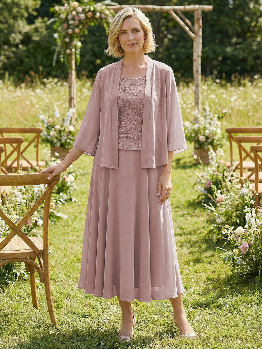 Chiffon Crew Neck Pleated 3 Pieces Mother of the Bride Dresses with Jacket