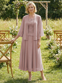 Chiffon Crew Neck Pleated 3 Pieces Mother of the Bride Dresses with Jacket