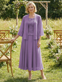 Chiffon Crew Neck Pleated 3 Pieces Mother of the Bride Dresses with Jacket
