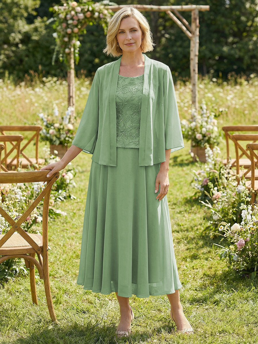Chiffon Crew Neck Pleated 3 Pieces Mother of the Bride Dresses with Jacket