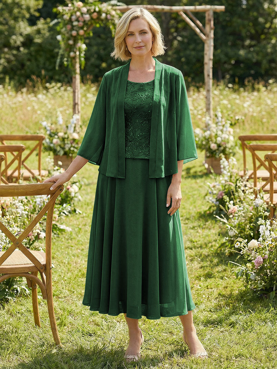 Chiffon Crew Neck Pleated 3 Pieces Mother of the Bride Dresses with Jacket