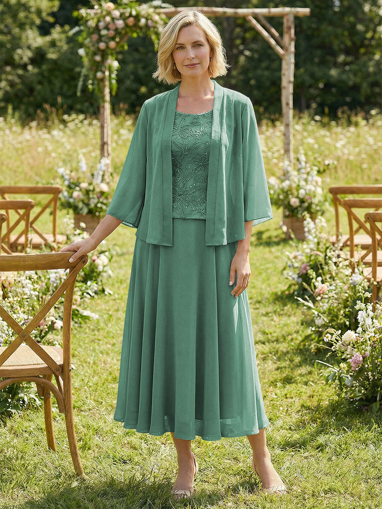 Chiffon Crew Neck Pleated 3 Pieces Mother of the Bride Dresses with Jacket