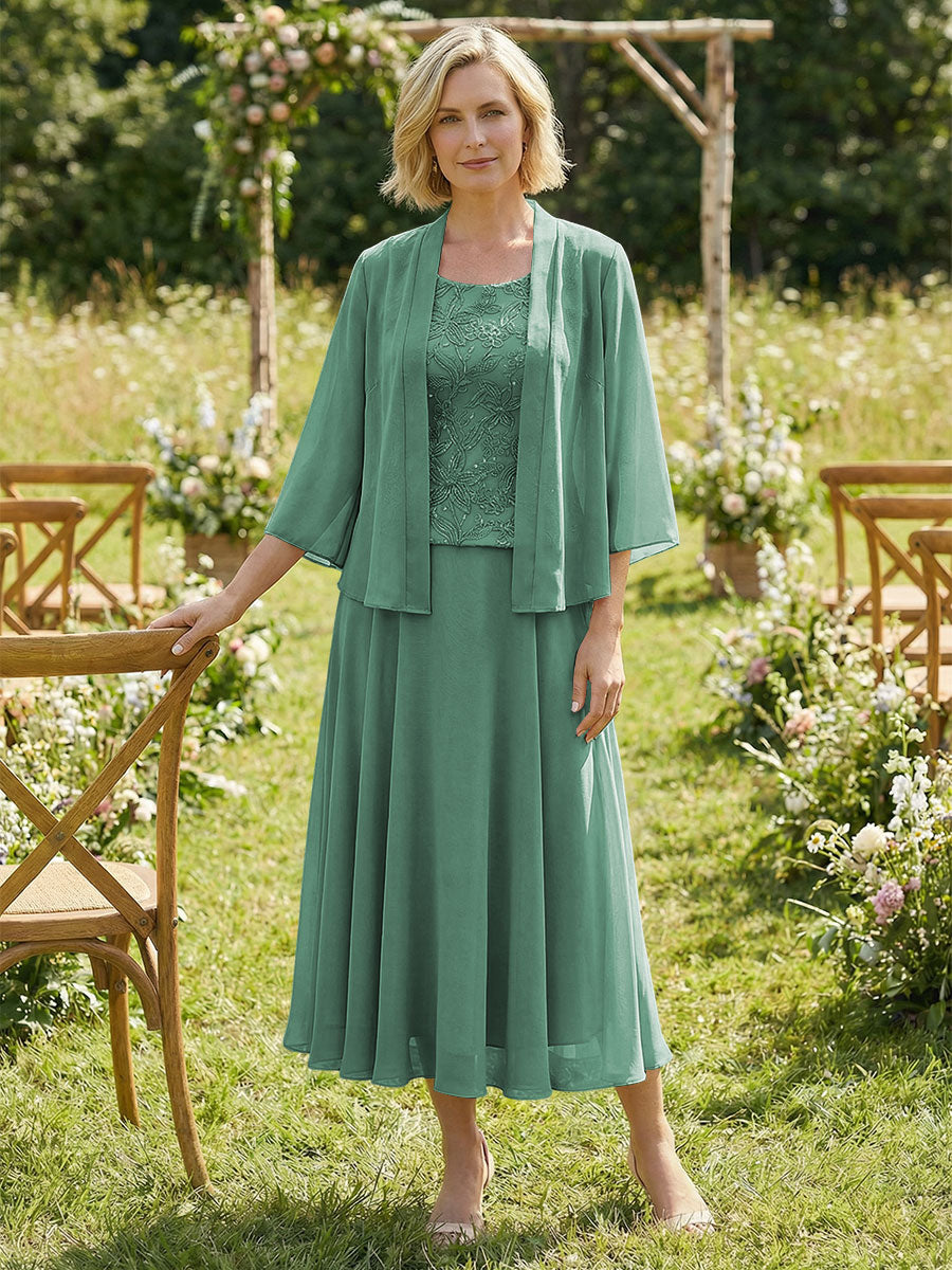 Chiffon Crew Neck Pleated 3 Pieces Mother of the Bride Dresses with Jacket
