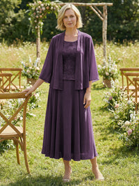 Chiffon Crew Neck Pleated 3 Pieces Mother of the Bride Dresses with Jacket