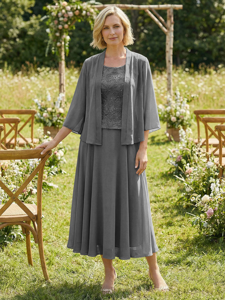 Chiffon Crew Neck Pleated 3 Pieces Mother of the Bride Dresses with Jacket