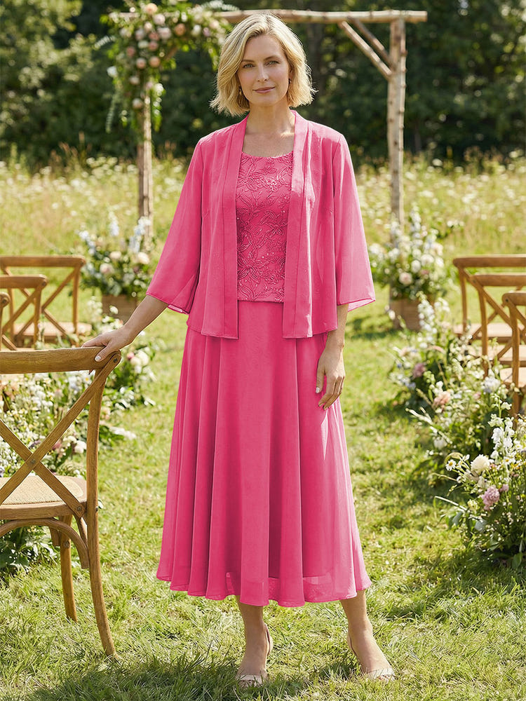 Chiffon Crew Neck Pleated 3 Pieces Mother of the Bride Dresses with Jacket