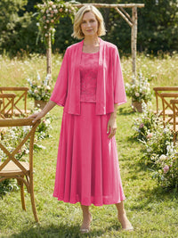 Chiffon Crew Neck Pleated 3 Pieces Mother of the Bride Dresses with Jacket