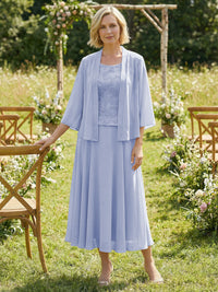 Chiffon Crew Neck Pleated 3 Pieces Mother of the Bride Dresses with Jacket