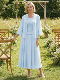 Chiffon Crew Neck Pleated 3 Pieces Mother of the Bride Dresses with Jacket