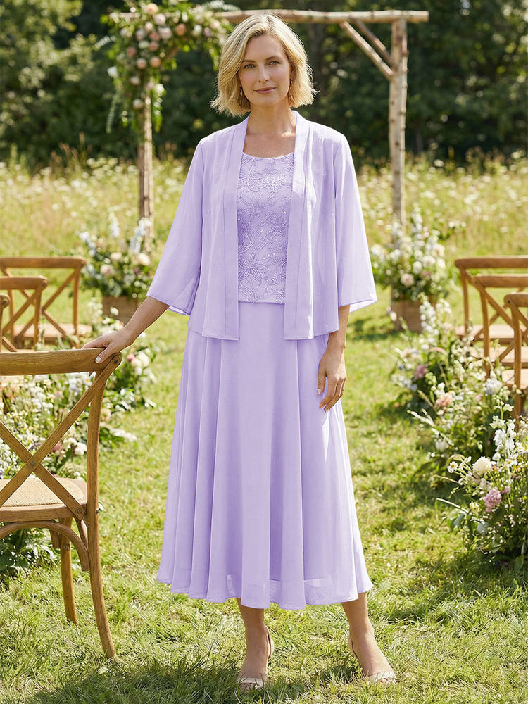 Chiffon Crew Neck Pleated 3 Pieces Mother of the Bride Dresses with Jacket