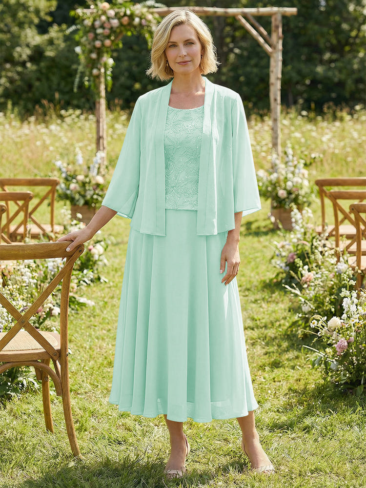 Chiffon Crew Neck Pleated 3 Pieces Mother of the Bride Dresses with Jacket