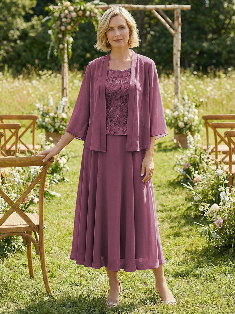 Chiffon Crew Neck Pleated 3 Pieces Mother of the Bride Dresses with Jacket
