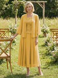 Chiffon Crew Neck Pleated 3 Pieces Mother of the Bride Dresses with Jacket