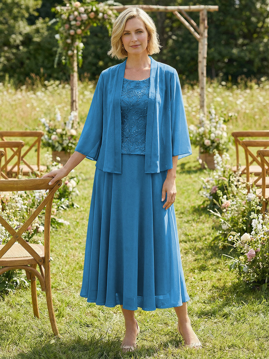 Chiffon Crew Neck Pleated 3 Pieces Mother of the Bride Dresses with Jacket