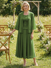Chiffon Crew Neck Pleated 3 Pieces Mother of the Bride Dresses with Jacket