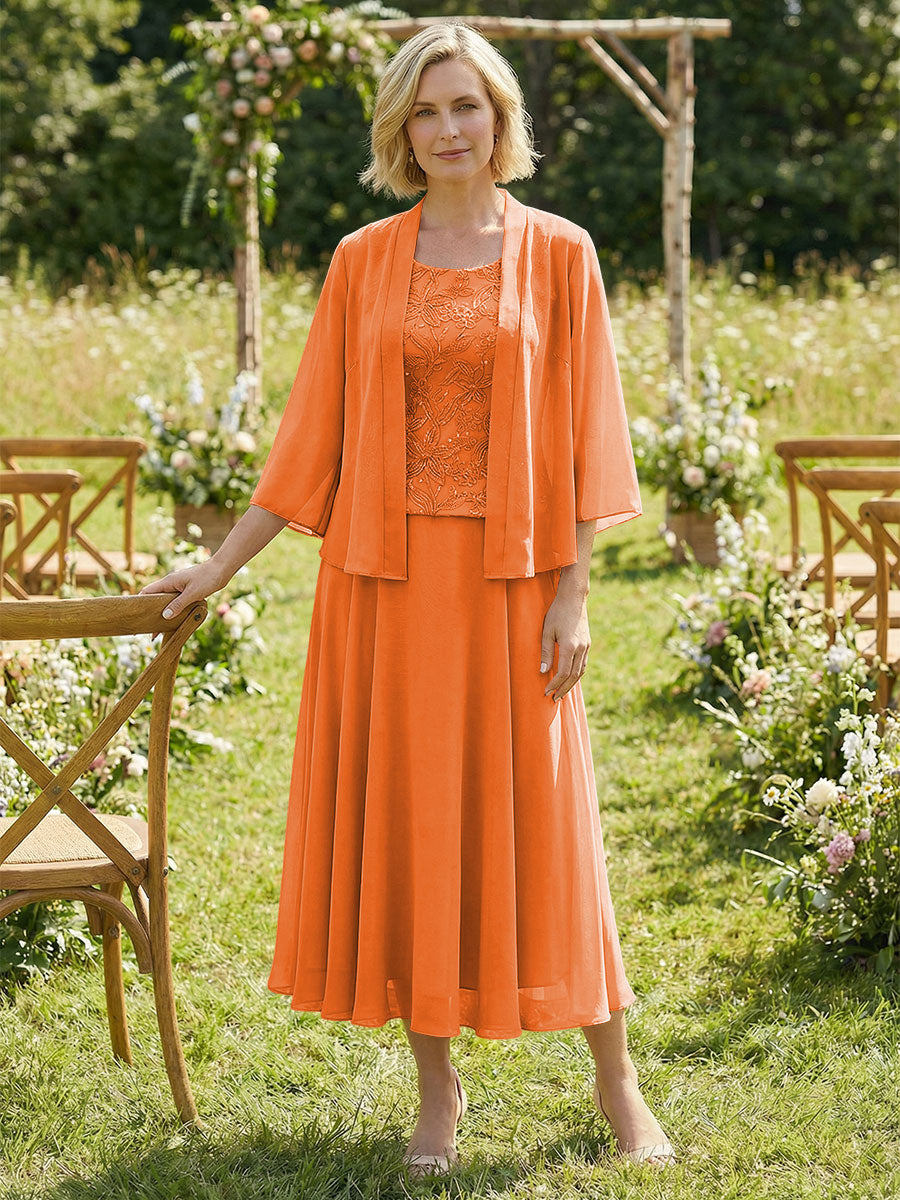 Chiffon Crew Neck Pleated 3 Pieces Mother of the Bride Dresses with Jacket