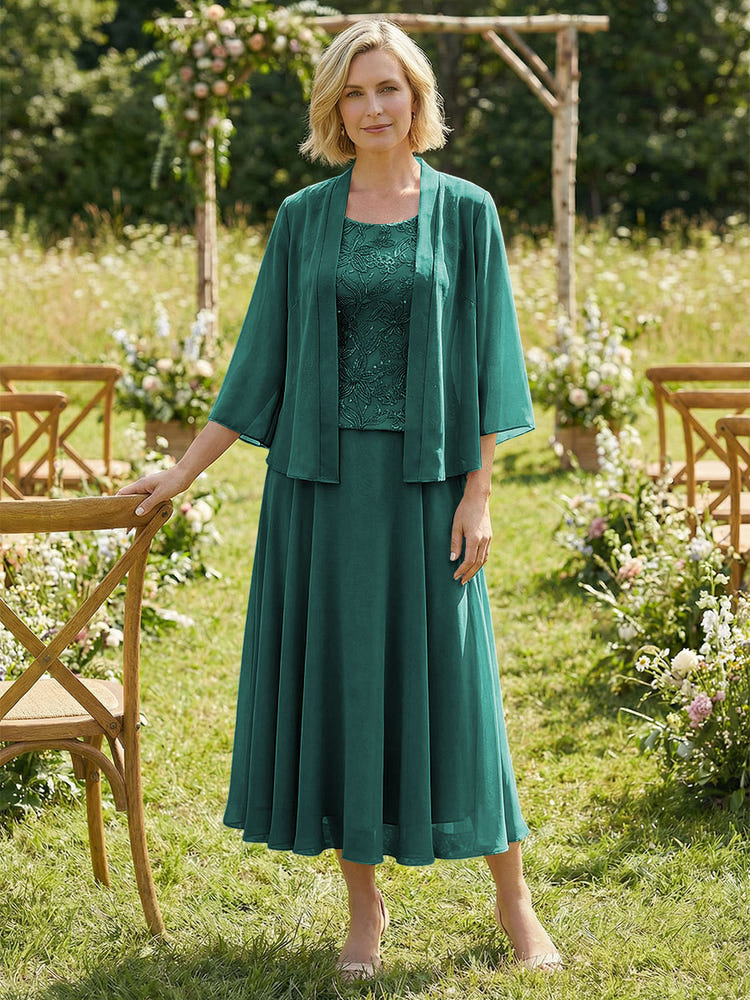 Chiffon Crew Neck Pleated 3 Pieces Mother of the Bride Dresses with Jacket