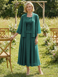 Chiffon Crew Neck Pleated 3 Pieces Mother of the Bride Dresses with Jacket