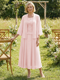 Chiffon Crew Neck Pleated 3 Pieces Mother of the Bride Dresses with Jacket