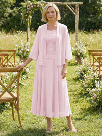 Chiffon Crew Neck Pleated 3 Pieces Mother of the Bride Dresses with Jacket