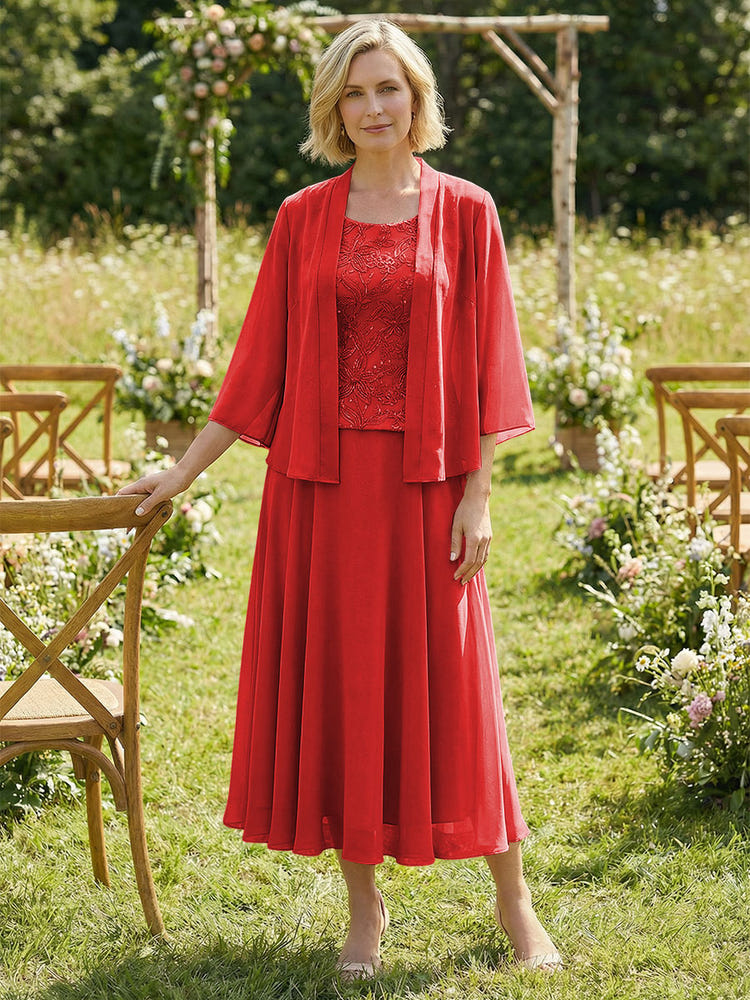 Chiffon Crew Neck Pleated 3 Pieces Mother of the Bride Dresses with Jacket