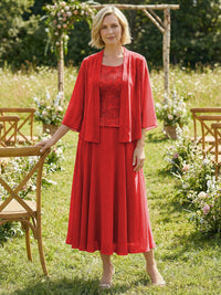 Chiffon Crew Neck Pleated 3 Pieces Mother of the Bride Dresses with Jacket