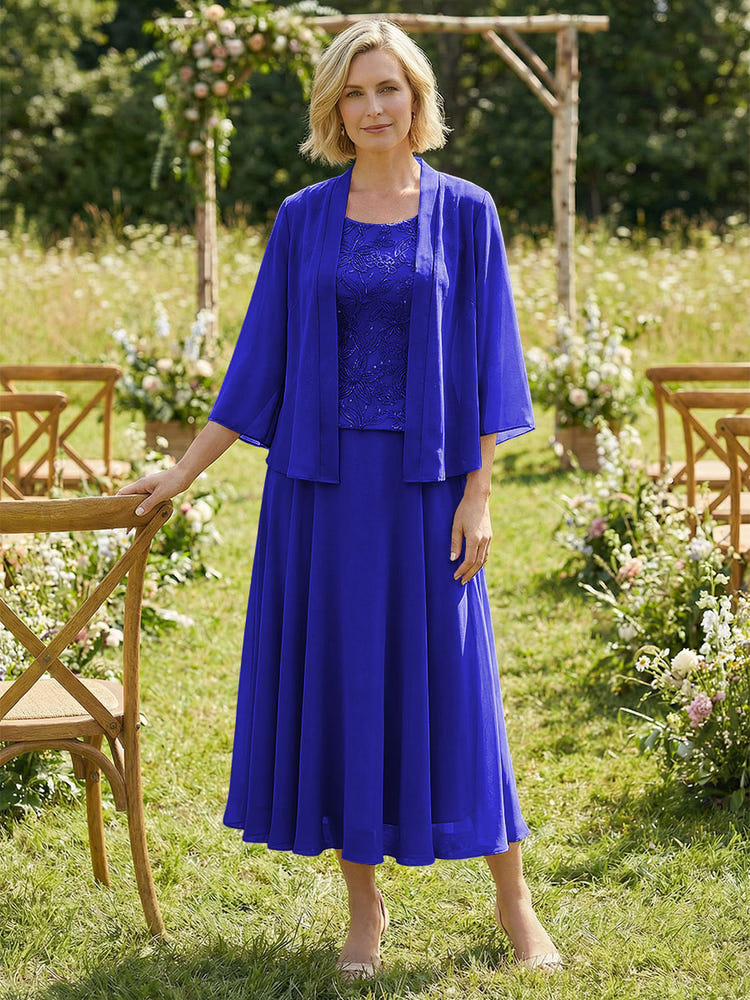 Chiffon Crew Neck Pleated 3 Pieces Mother of the Bride Dresses with Jacket