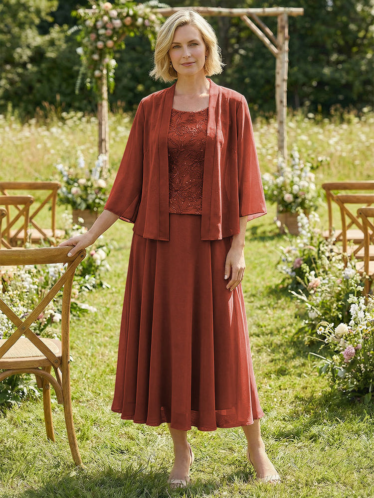 Chiffon Crew Neck Pleated 3 Pieces Mother of the Bride Dresses with Jacket