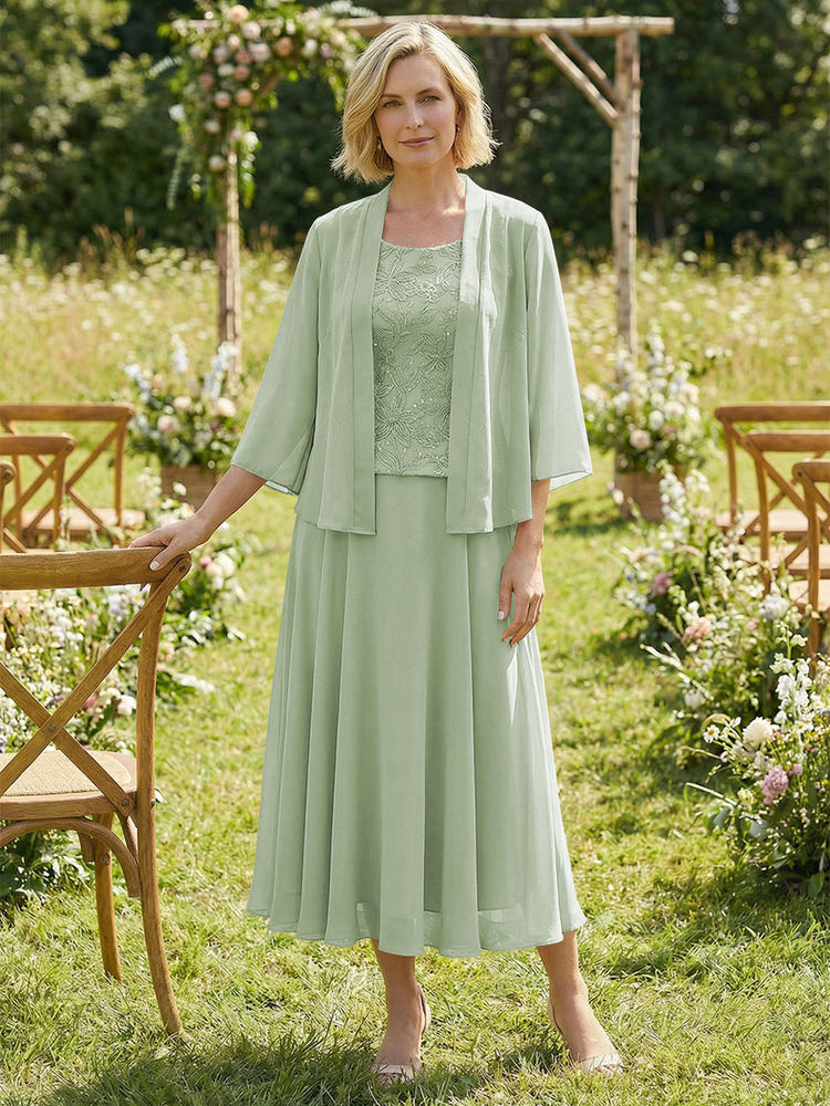Chiffon Crew Neck Pleated 3 Pieces Mother of the Bride Dresses with Jacket